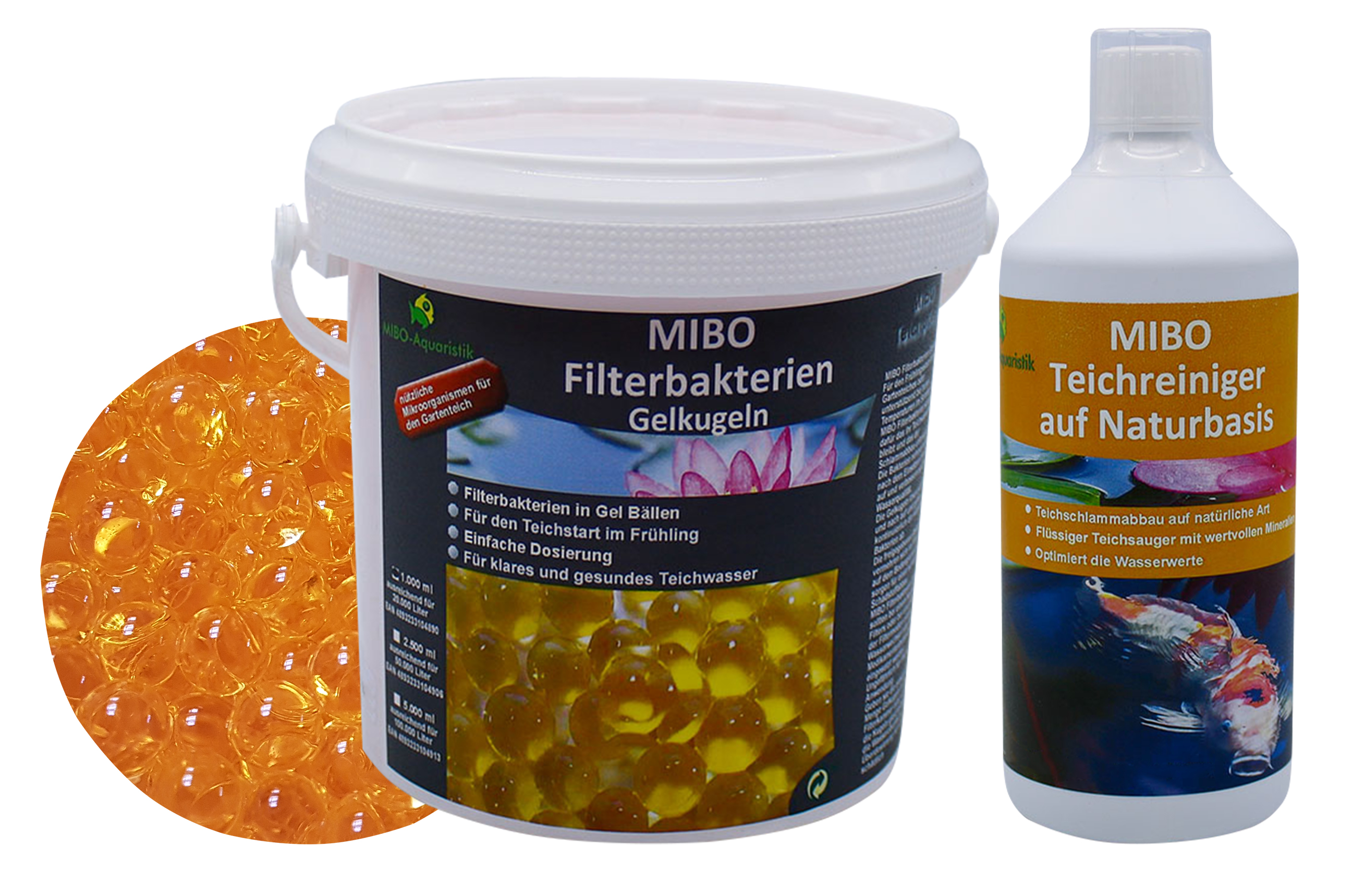 1000 ml MIBO Filterbakterien Gelkugeln & 1000 ml MIBO Teichreiniger auf Naturbasis beides ausreichend für 20.000 Liter