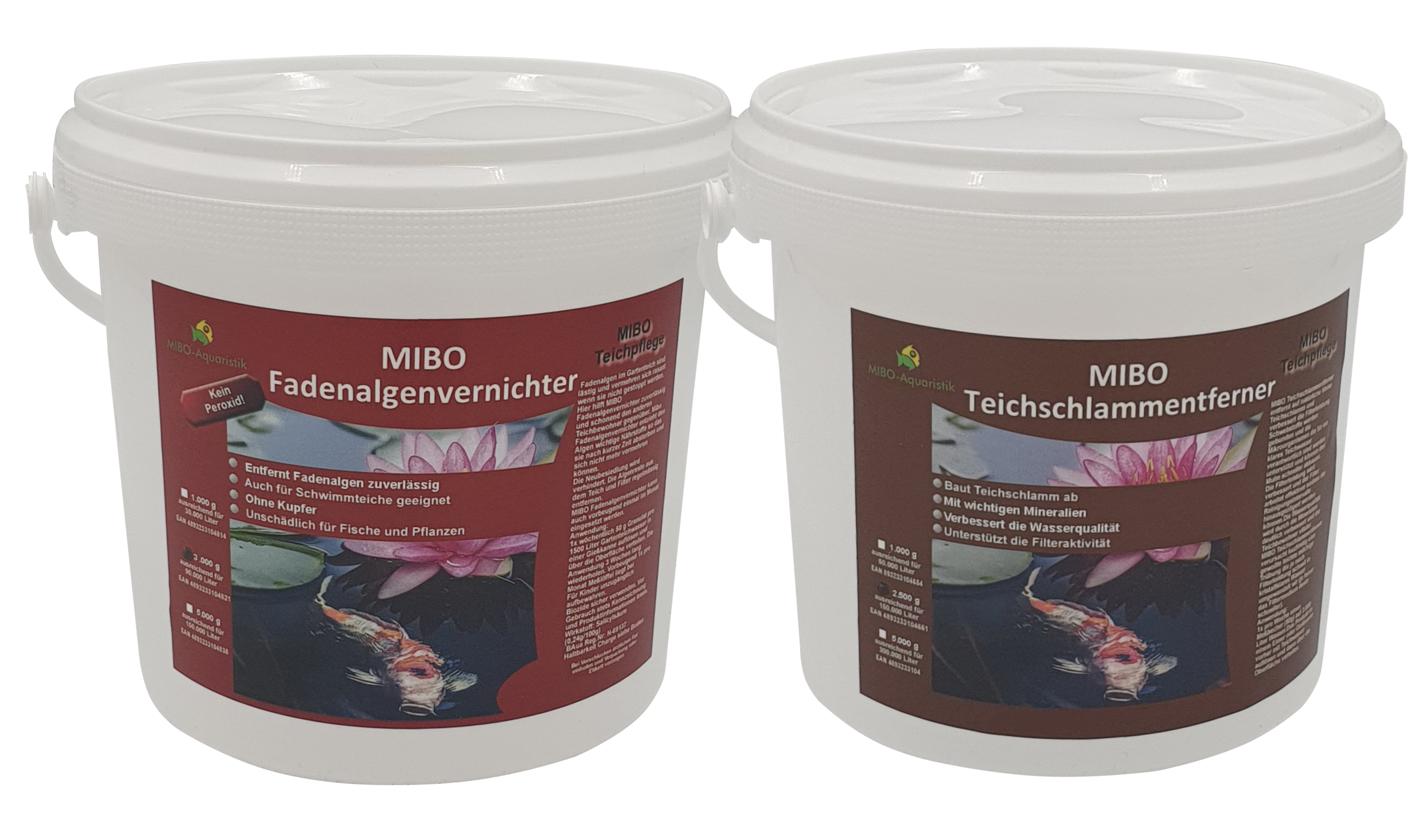 MIBO-Aquaristik 1x 3 kg Fadenalgenvernichter & 1x 2,5kg Teichschlammentferner Set Gartenteich - für 90.000/150.000 Liter